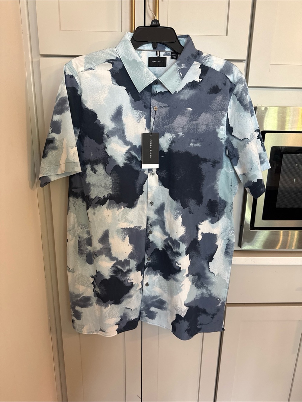 $89 NEW Perry Ellis Shirt Men XLT Stretch Button Up Short Sleeve Abstract Blue